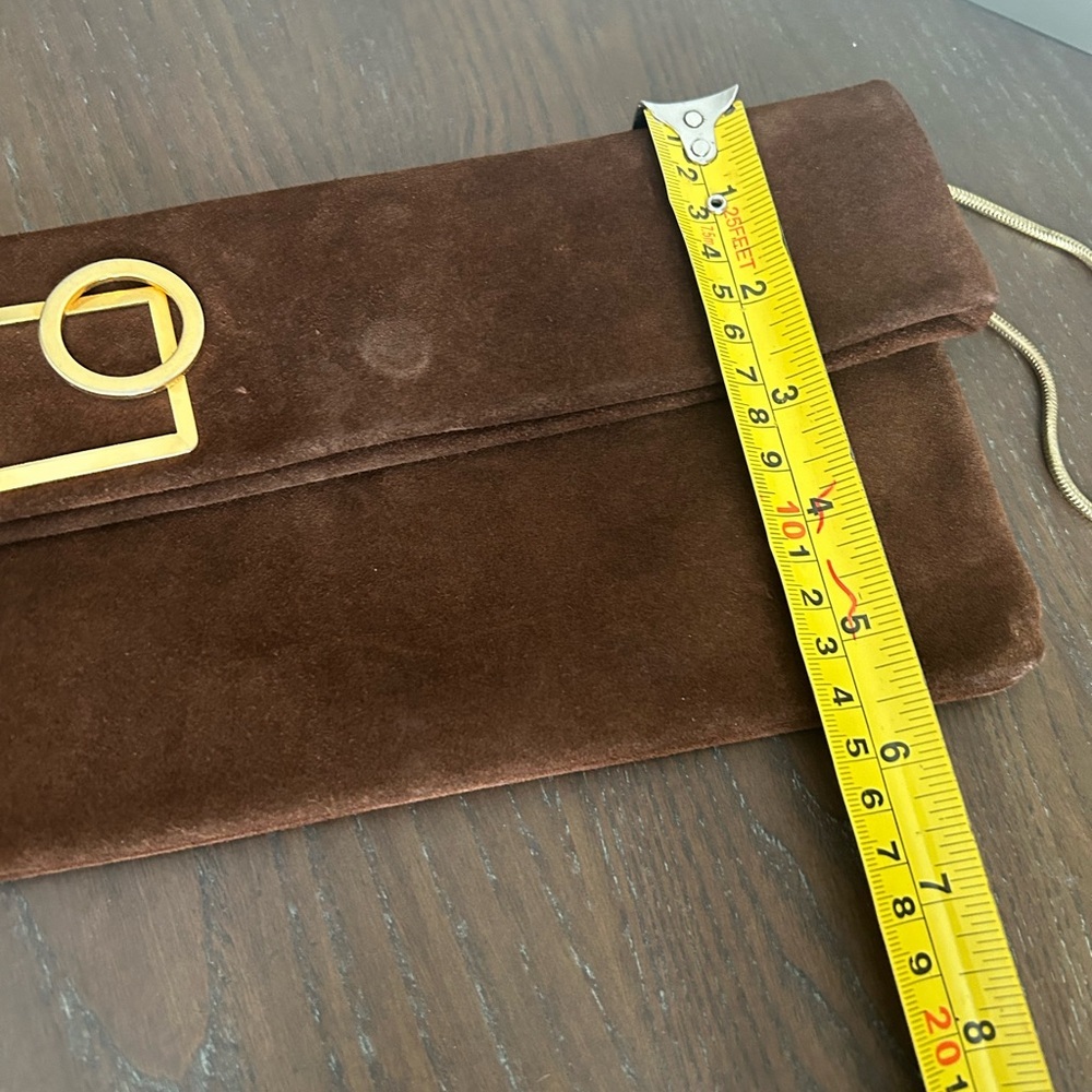 Brown leather clutch with minimalist gold-tone details and gold chain wristlet - Picture 9 of 14